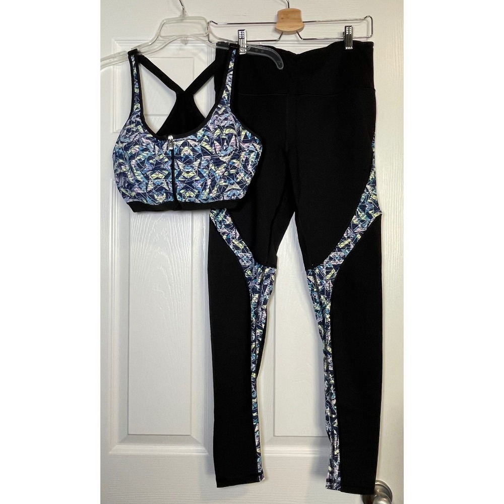 Victoria's Secret VSX Sport Bra 38DD & Knockout Leggings Medium‎ Black Geo NWOT